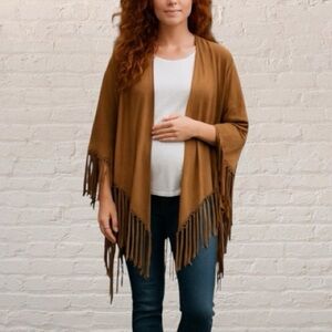 Caramel suede handcrafted in Italy knot Fringed Poncho Shawl L